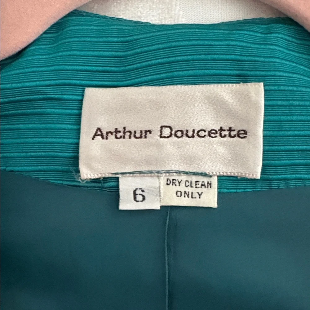 Arthur Doucette Teal Women's Silk Suit, Skirt with Decorative Bow Jacket. Size 6